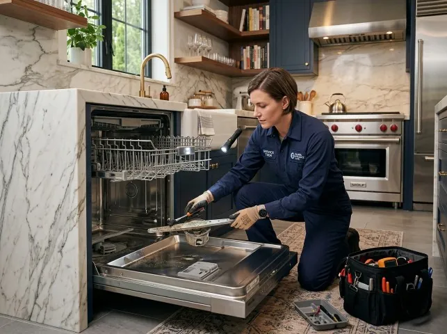 Appliance Repair Hero technician servicing a built-in dishwasher in a Bristolville, OH kitchen