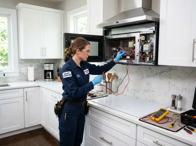 Appliance Repair Hero technician testing an over-the-range microwave in a Bristolville, OH kitchen