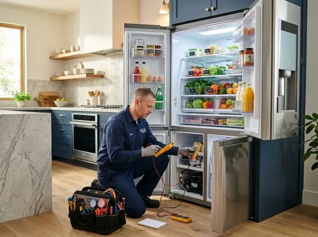 Appliance Repair Hero refrigerator technician testing a fridge on a Bristolville, OH service call
