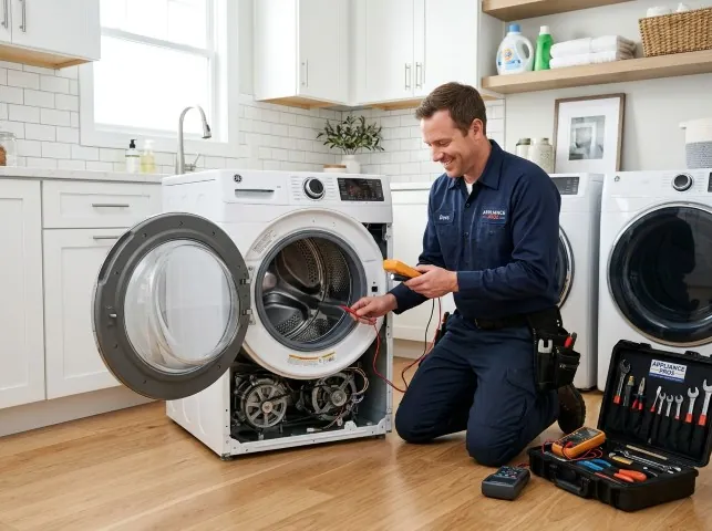 Appliance Repair Hero technician testing a front-load washer with a multimeter on a Bristolville, OH service call